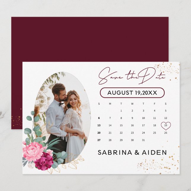 Romantic Burgundy Blush Pink Floral Save The Date (Front/Back)
