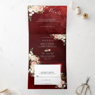 Romantic Burgundy Blush Pink Floral wedding Tri-Fold Invitation