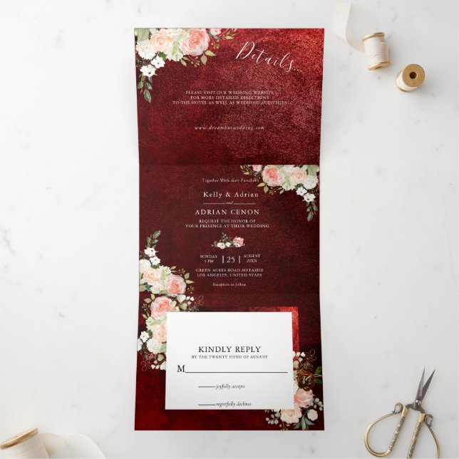 Romantic Burgundy Blush Pink Floral wedding  Tri-Fold Invitation (Inside)