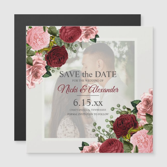 Romantic Burgundy Blush Pink Photo Save Date Magnetic Invitation (Front/Back)