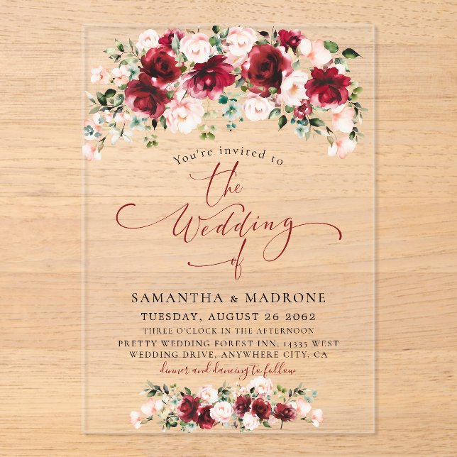 Romantic Burgundy Blush Watercolor Roses Wedding  Acrylic Invitations (Front)