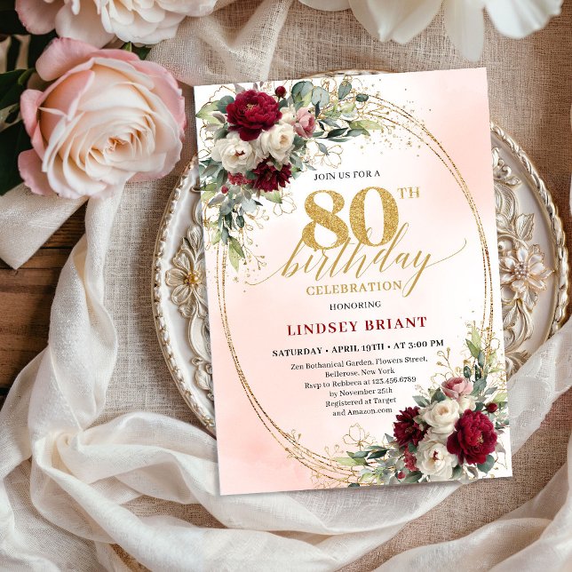 Romantic Burgundy Boho Floral 80th Birthday Invite (Romantic Burgundy Boho Floral 80th Birthday Invitation)