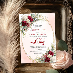 Romantic Burgundy Boho Floral Gold Wedding Invite