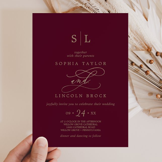 Romantic Burgundy Calligraphy Monogram Wedding Invitation (Creator Uploaded)