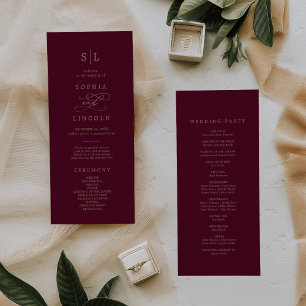 Romantic Burgundy Calligraphy Monogram Wedding Program