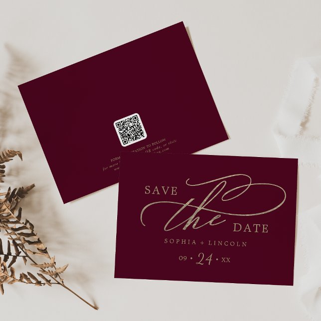Romantic Burgundy Calligraphy QR Code Horizontal Save The Date (Creator Uploaded)