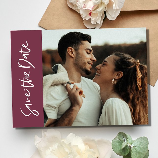 Romantic Burgundy Contemporary Photo Wedding  Save The Date (Romantic Burgundy Contemporary Photo Wedding Save The Date)