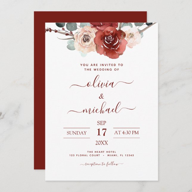 Romantic Burgundy Eucalyptus Wedding Fall Invitation (Front/Back)