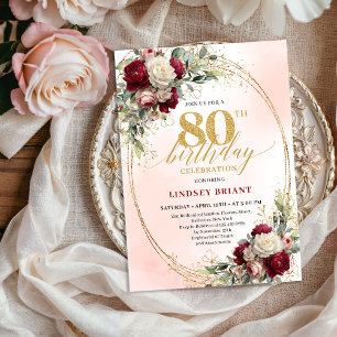 Romantic Burgundy Floral Gold Frame 80th Birthday  Invitation