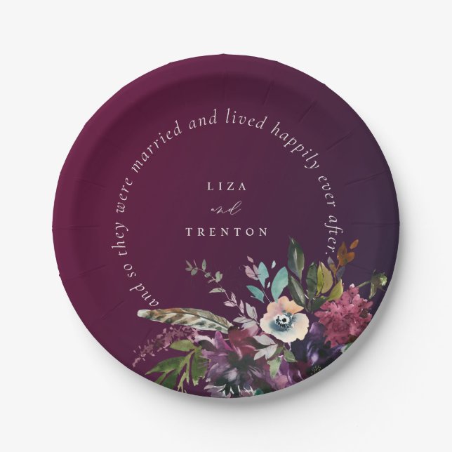 Romantic Burgundy Floral Happily Ever After Paper Plate (Front)