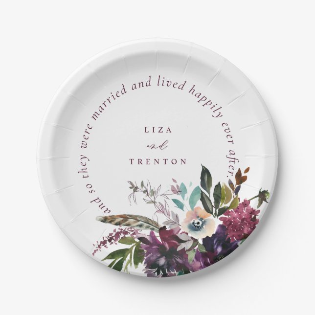 Romantic Burgundy Floral Happily Ever After White Paper Plate (Front)