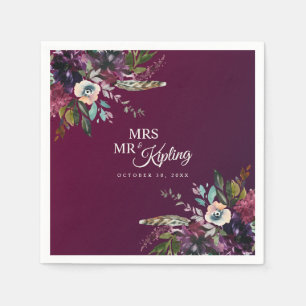 Romantic Burgundy Floral Mr & Mrs Wedding Napkin