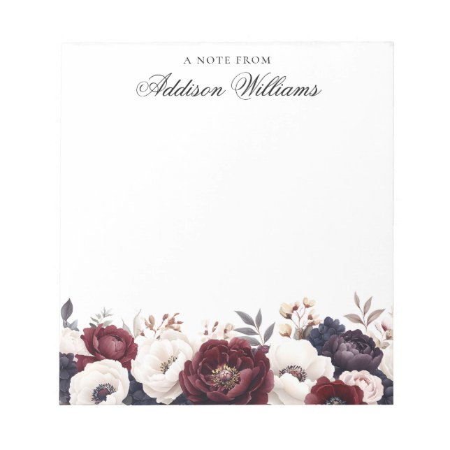 Romantic Burgundy Floral Personalized Notepad (Front)