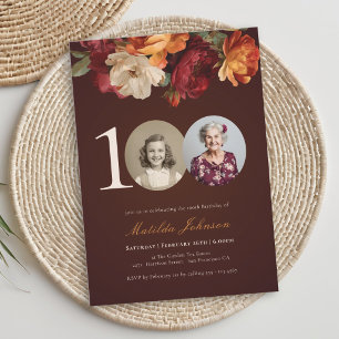 Romantic Burgundy Floral Photo 100th Birthday Invitation
