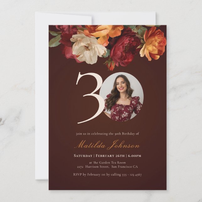 Romantic Burgundy Floral Photo 30th Birthday Invitation (Front)
