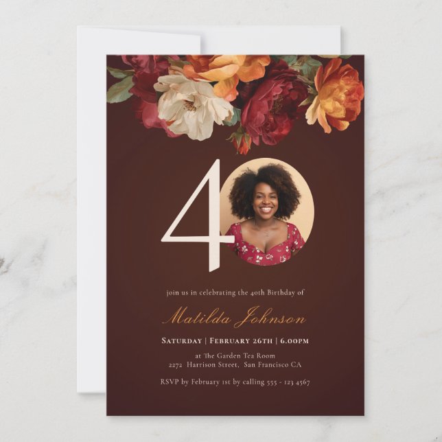 Romantic Burgundy Floral Photo 40th Birthday Invitation (Front)