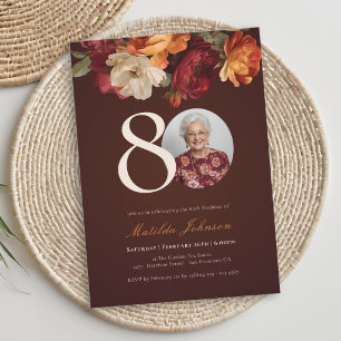 Romantic Burgundy Floral Photo 80th Birthday Invitation