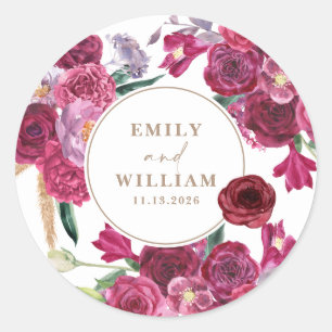 Romantic Burgundy  Floral Wedding couple names Classic Round Sticker
