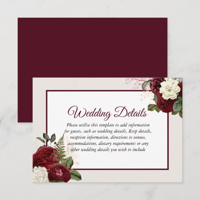 Romantic Burgundy Floral Wedding Reception Details Invitation (Front/Back)