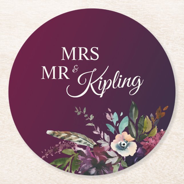 Romantic Burgundy Floral Wedding Round Paper Coaster (Front)