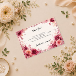 Romantic Burgundy Floral Wedding Thank You Card