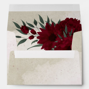 romantic burgundy flowers and green leaves wedding envelope