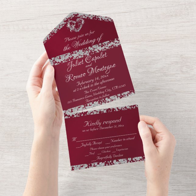  Romantic Burgundy, Glitter Border & Heart All In One Invitation (Tearaway)