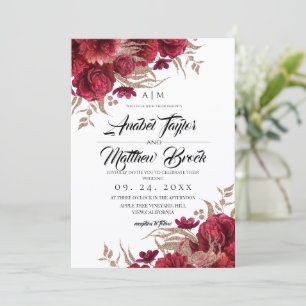 Romantic Burgundy Gold Floral Garden Wedding  Invitation