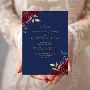 Romantic Burgundy Gold Floral Navy Blue Wedding Invitation