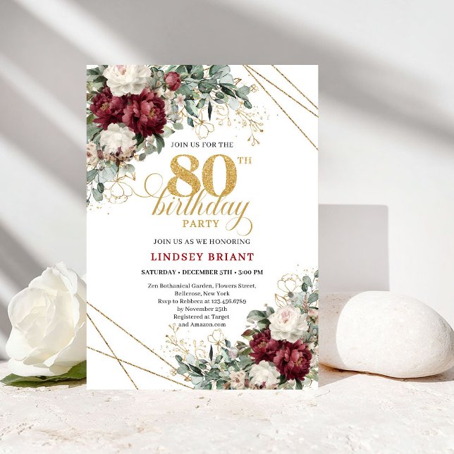 Romantic Burgundy Gold Flowers 80th Birthday Invitation (Romantic Burgundy Gold Flowers 80th Birthday)