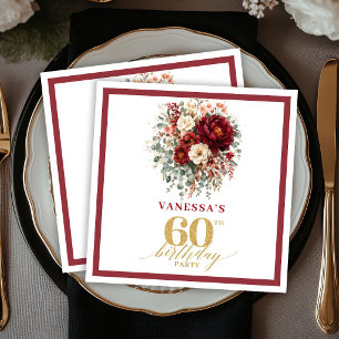 Romantic Burgundy Gold Greenery 60th Birthday Pape Napkin