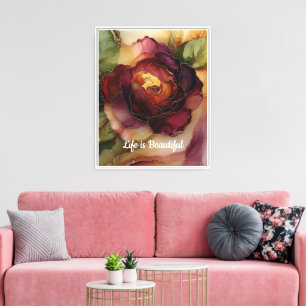 Romantic Burgundy Gold Rose Floral Beautiful Canvas Print