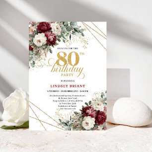 Romantic Burgundy Greenery 80th Birthday Invitation