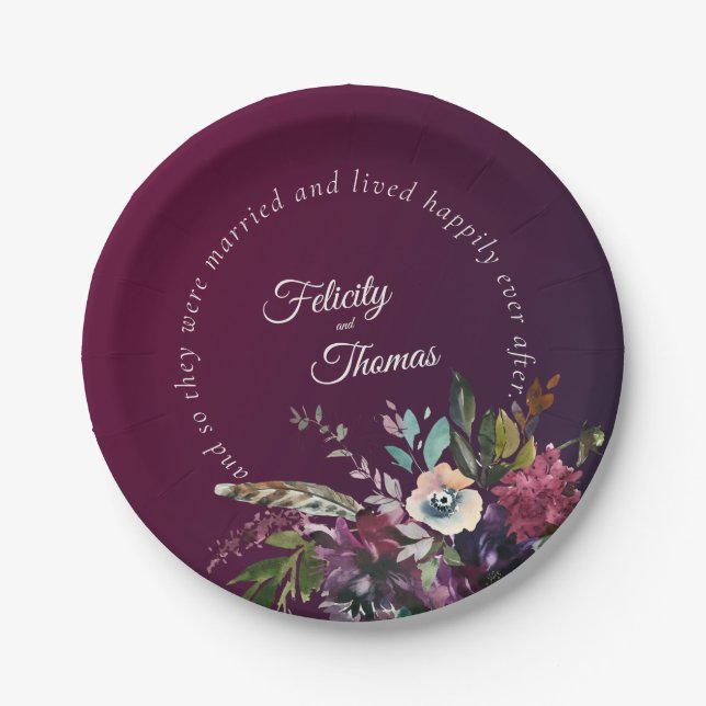 Romantic Burgundy Happily Ever After Wedding Paper Plate (Front)