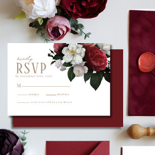 Romantic Burgundy Maroon floral Winter Wedding RSVP Card