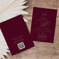 Romantic Burgundy Monogram QR Code Back Wedding