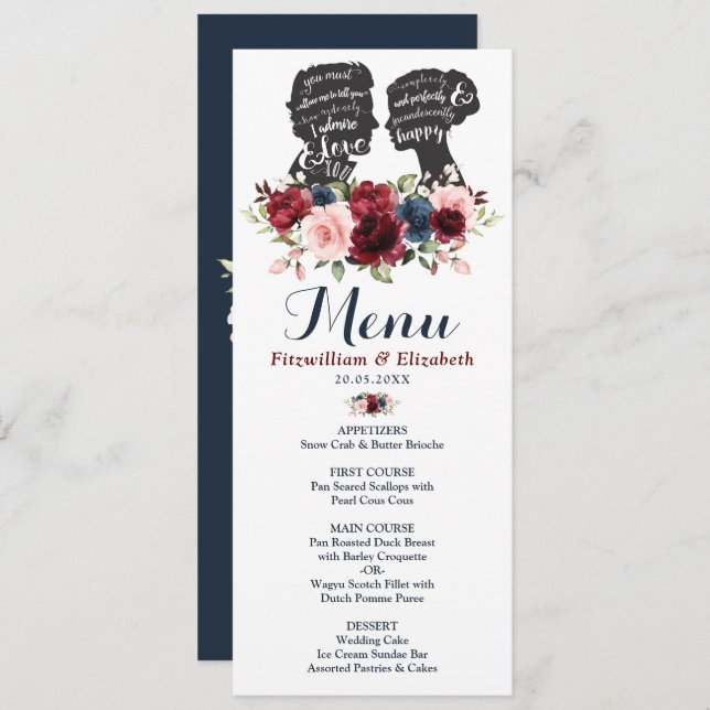 Romantic Burgundy Navy Floral Silhouette Menu Card (Front/Back)
