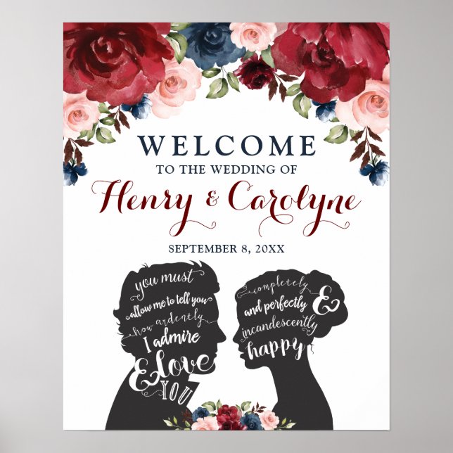 Romantic Burgundy Navy Roses Love Quotes Wedding Poster (Front)