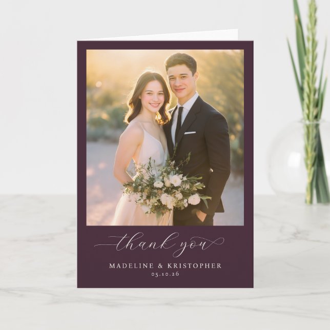Romantic Burgundy Photo Thank You Card (Front)