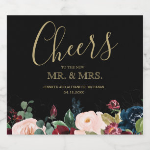 Romantic Burgundy, Pink, Blue and Black Sparkling  Wine Label