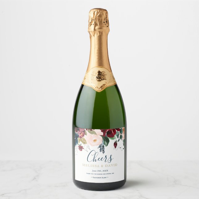 Romantic Burgundy, Pink, Blue and Black Sparkling  Wine Label (Front)