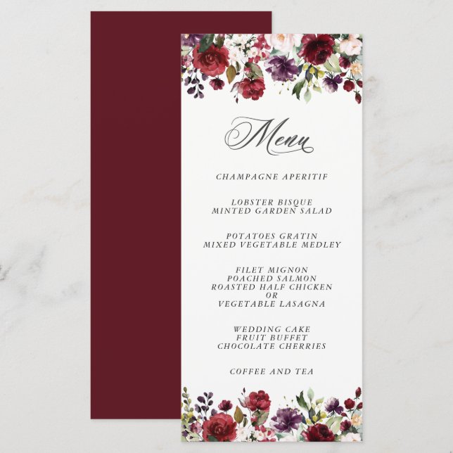 Romantic Burgundy Plum and Blush Floral Menu (Front/Back)