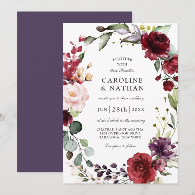 Romantic Burgundy Plum and Blush Floral Wedding In Invitation (Front/Back)