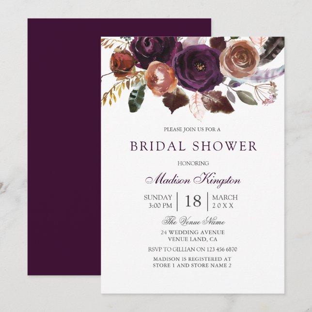 Romantic Burgundy Purple Plum Floral Bridal Shower Invitation (Front/Back)