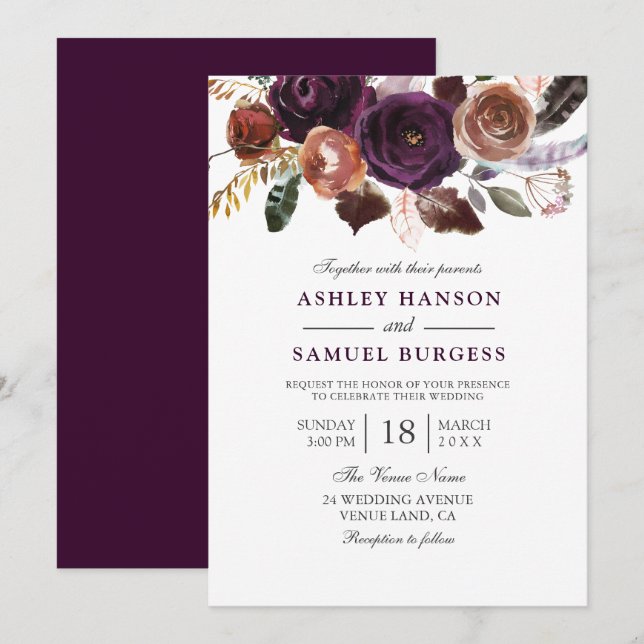 Romantic Burgundy Purple Plum Floral Wedding Invitation (Front/Back)