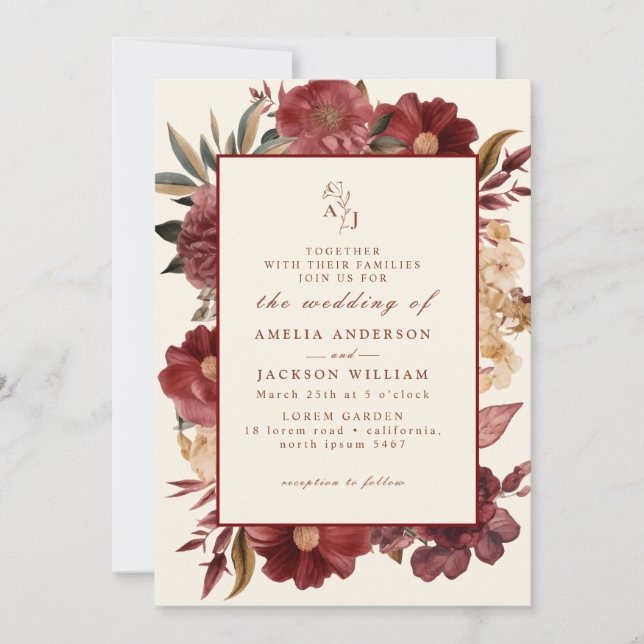 Romantic Burgundy red and copper Wedding Invitation (Front)