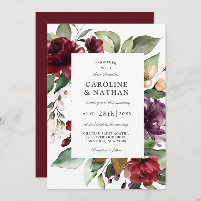 Romantic Burgundy Red and Plum Floral Wedding Invitation (Front/Back)