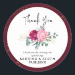 Romantic Burgundy Red | Blush Pink Gold Floral  Classic Round Sticker<br><div class="desc">This design features a geometric watercolor bouquet of realistic eucalyptus,  golden-stained leaves,  greenery foliage and a "Thank You"Calligraphy script. Personalize with your wedding details.</div>