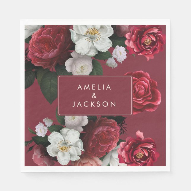 Romantic Burgundy red floral fall Wedding Napkin (Front)