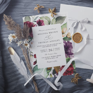 Romantic Burgundy Red Floral QR Code Wedding Invitation